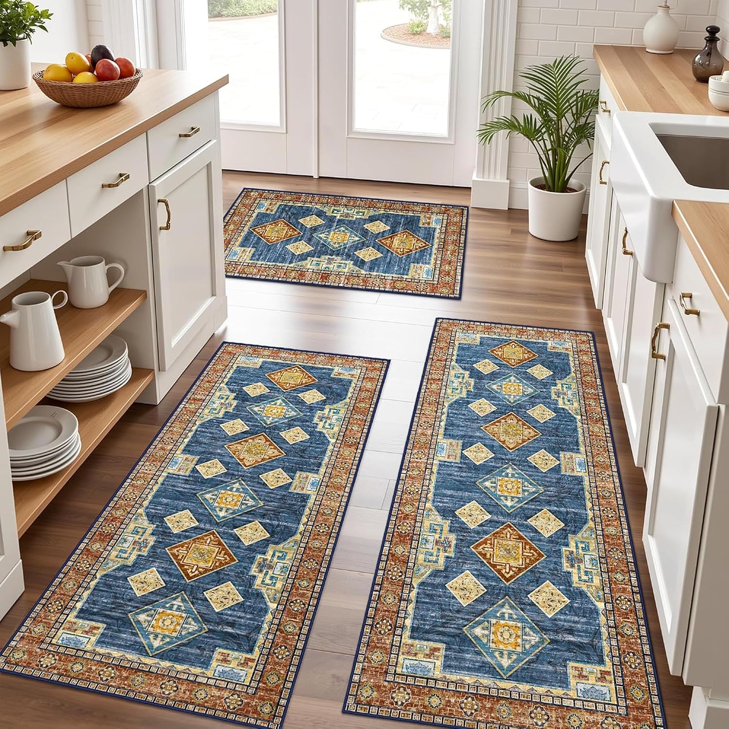 Blue Non‑Slip Washable Kitchen Rug Set of 3