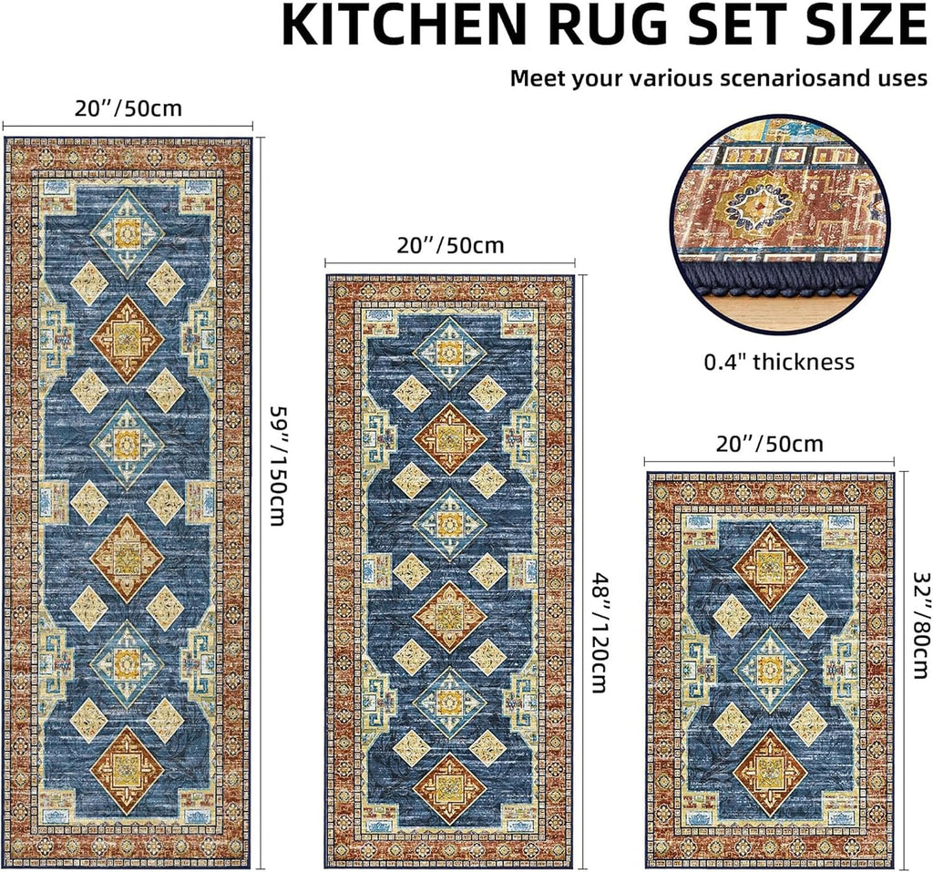 Blue Non‑Slip Washable Kitchen Rug Set of 3