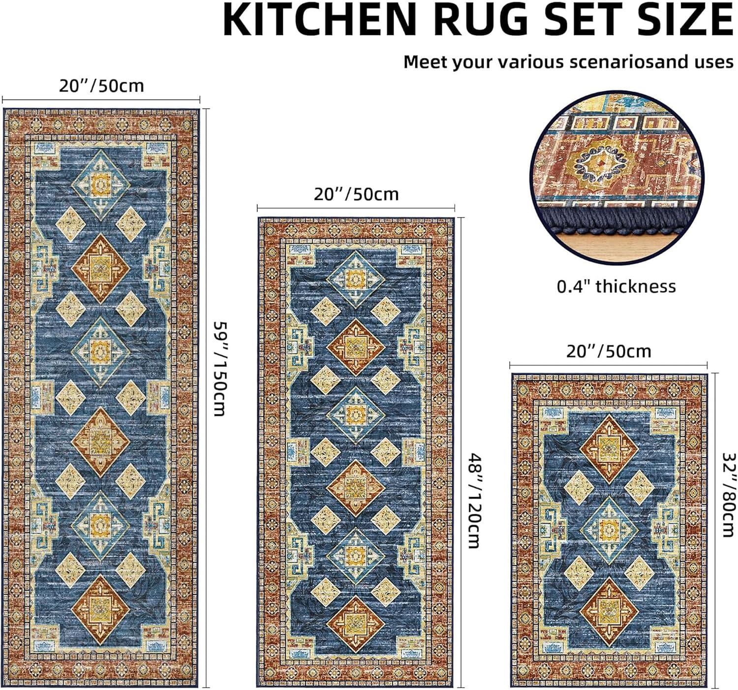 Blue Non‑Slip Washable Kitchen Rug Set of 3