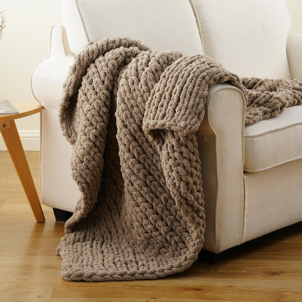 Beige Chunky Knit Chenille Throw Blanket 50x60