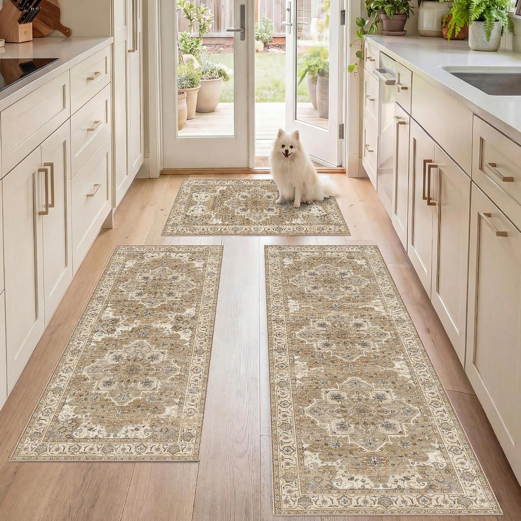 Beige Cream Boho Washable Kitchen Rug Set of 3