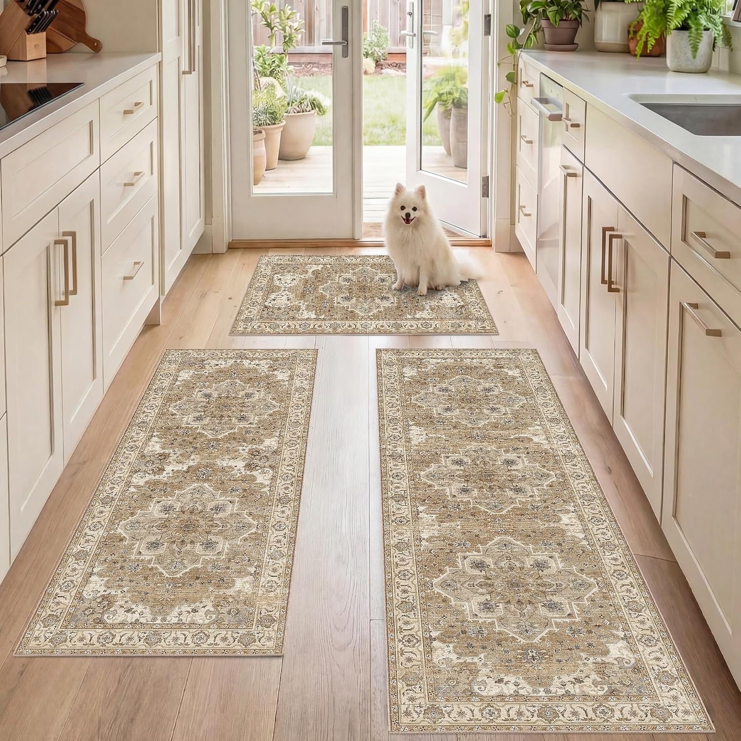 Beige Cream Boho Washable Kitchen Rug Set of 3