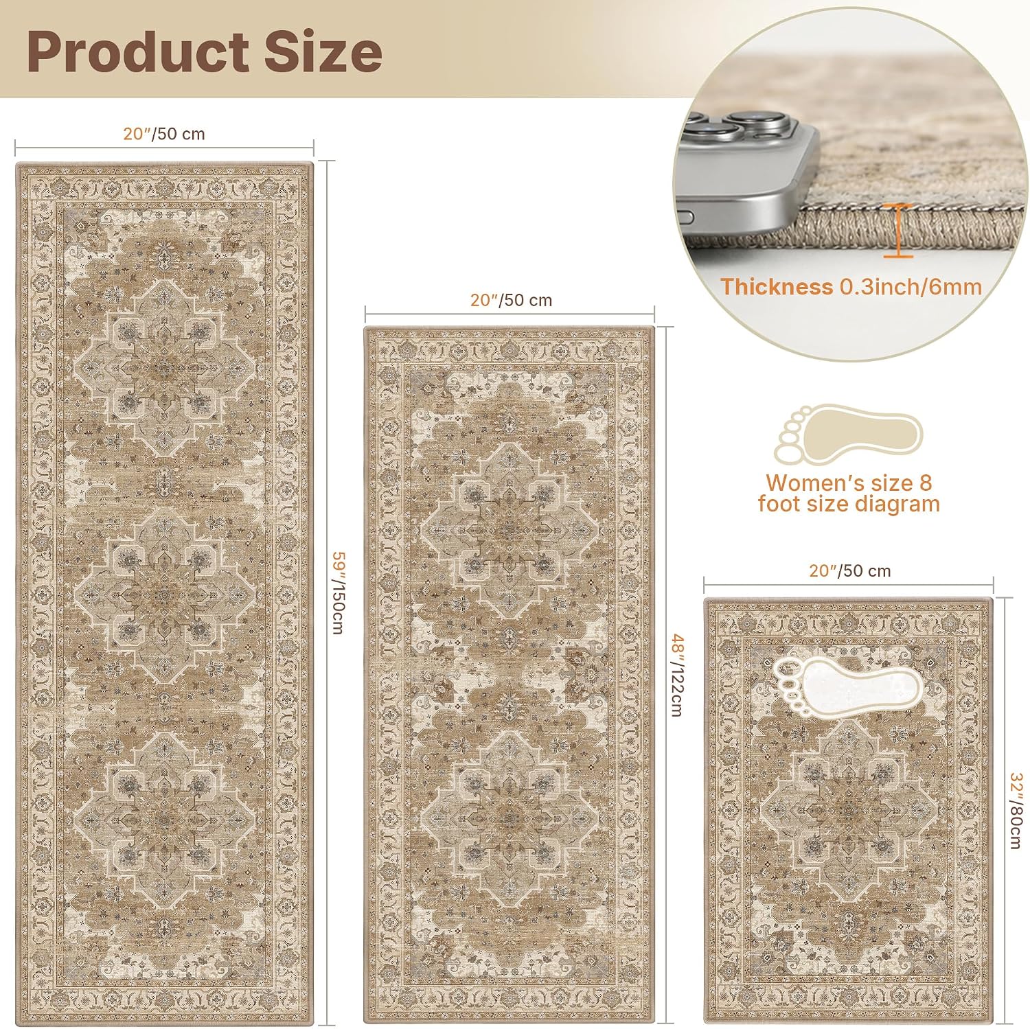 Beige Cream Boho Washable Kitchen Rug Set of 3