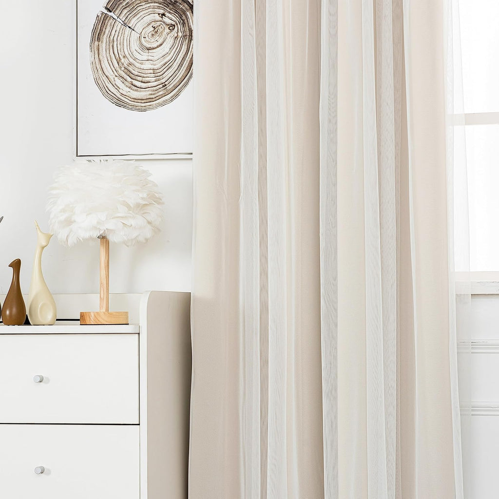 52x96" Beige Blackout Curtains with Sheer Overlay