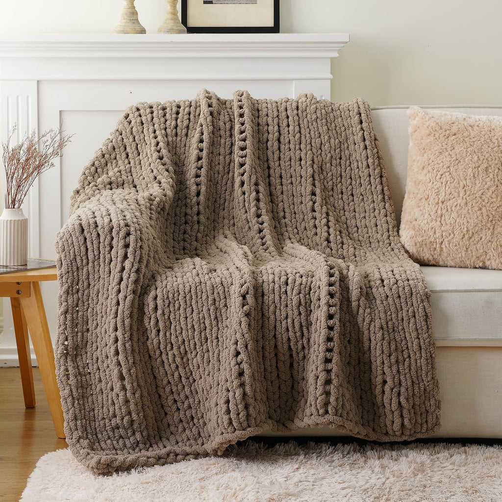 Beige Chunky Knit Chenille Throw Blanket 50x60