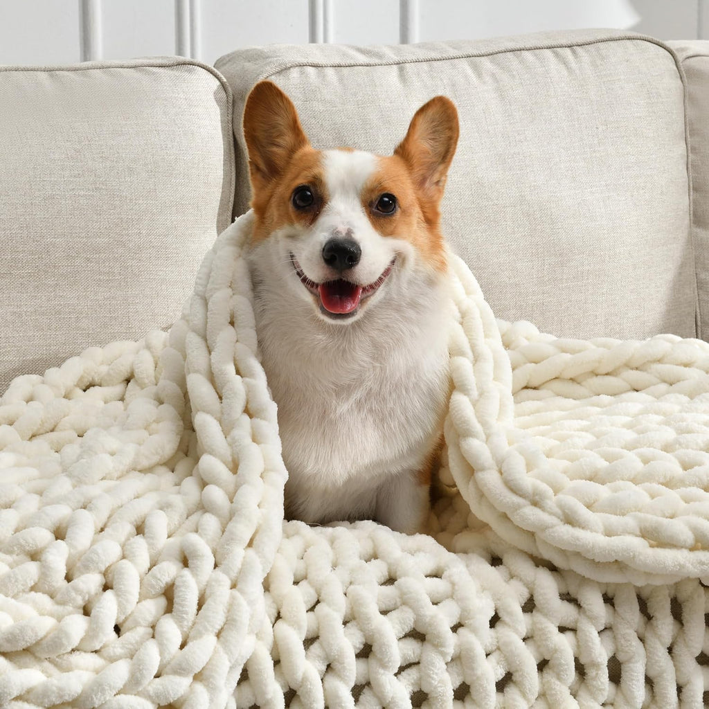 Ivory White Chunky Knit Throw Blanket 50x60 Inch