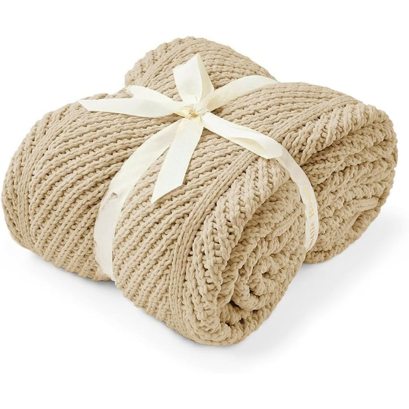 Beige Chenille Chevron Knit Throw Blanket 50x60 Inch